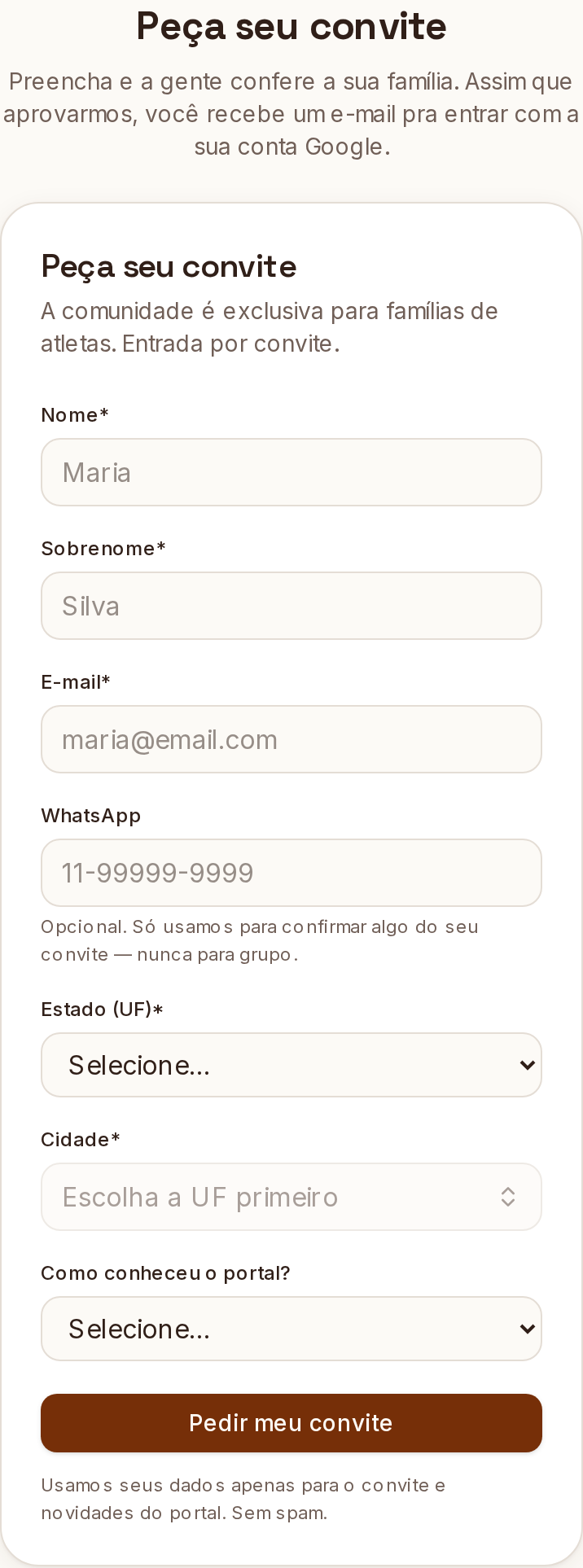 Formulário de solicitação de convite